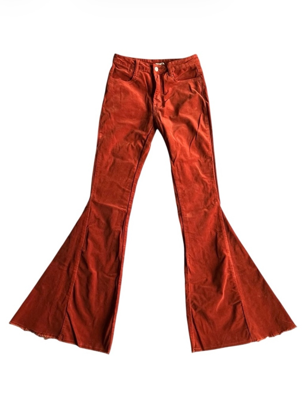 Saints & Hearts Buckle Rust Orange / Red Super Flare Corduroy Jeans - Size Small